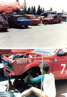 The Specialty pits at Westwood, and Georges killer 510, notice the brakes