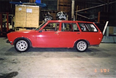 My 1970 wagon. 195/50 - 15 on 280ZX turbo 15X6 wheels with 25mm offset. Car was lowered 2 inches, ran 280ZX front struts with 6mm wheel spacer to bring front track back to stock width. Also ran 5.5 deg caster, .5 deg neg camber.